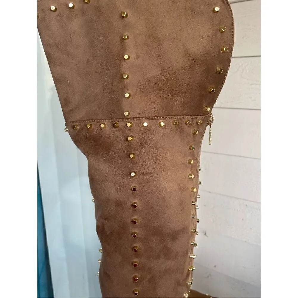 New Venus Faux Suede Studded Over the knee Taupe Boots